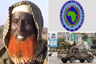Abdulqadir Mumin, logo for US Africa Command, Somalia Security oficer on a truck