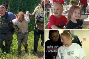 composite image: left, callihan under arrest; upper right jalie and erin burnett; lower right, callihan's accused accomplice in custody