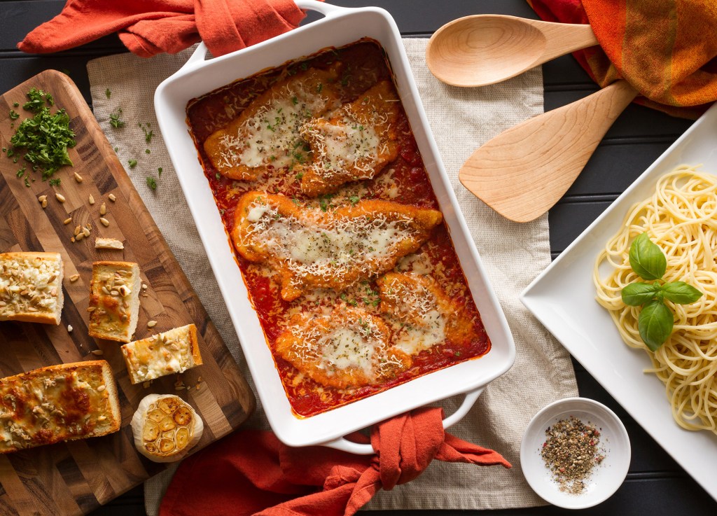 Plate of chicken parmesan served at a restaurant