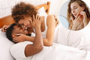 Collage of couple cuddling and woman popping pimple