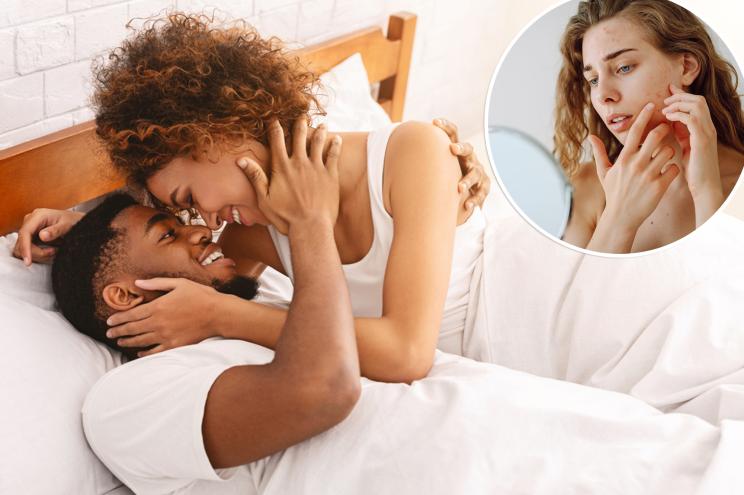 Collage of couple cuddling and woman popping pimple