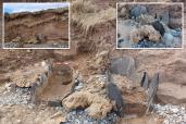 three pictures of rocks near beach