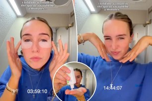 Kate Elisabeth on TikTok performing skincare routine in bathroom on plane