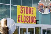 store closing sign with aisles of product and a graph