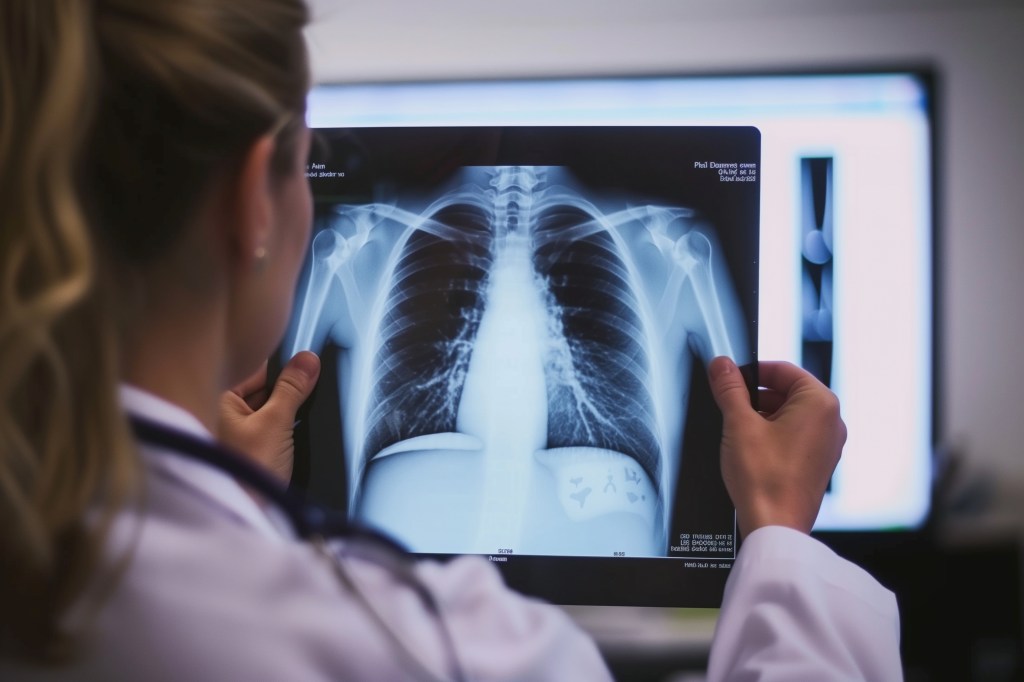 A doctor is holding a chest x-ray of a patient's lungs. Concept of concern and care for the patient's health