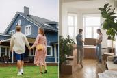 A group of people led by a real estate agent touring a large, attractive house