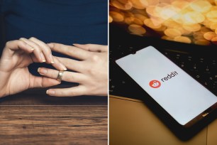 hands with wedding ring and phone with Reddit on it