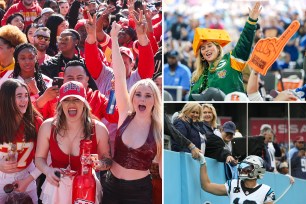 A composite photo of Taylor Swift cheering for the Chiefs, A Green Bay Packers fan donning a cheesehead and a Carolina Panthers player shaking hands with a fan