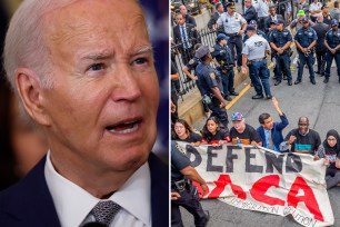 Biden and people protesting to "defend DACA"