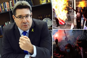 A collage of Ofir Akunis, a man with glasses, adorned with a yellow ribbon