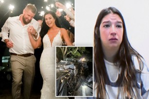 A white bride and groom hold hands at left. A white woman with long brown and a troubled look on her face, at right. A totaled car inset.