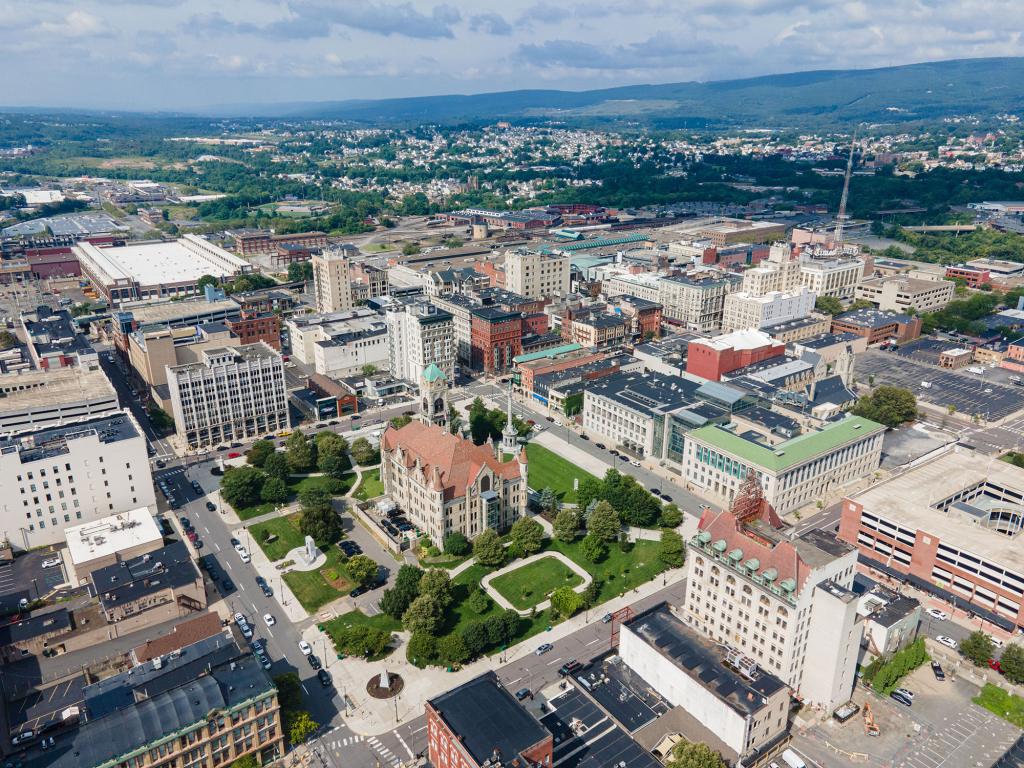 Aerial view of the city of Scranton, Pennsylvania, known for issues with violent crime