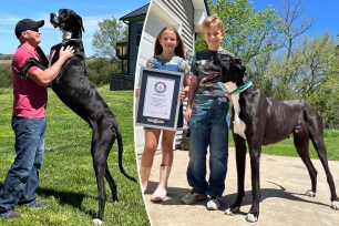 A boy and girl holding a certificate with a dog