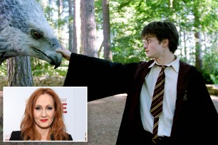 JK Rowling and a photo of Daniel Radcliffe.