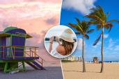 A collage of a beach scene featuring a woman taking a picture of a lifeguard tower