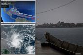 top left inset showing weather map graphic of path of tropical storm Beryl heading across caribbean; bottom left inset of hurricane forming over the atlantic; photo at right shows boat tied to dock in Guna Yala Comarca, on the Caribbean coast in Panama, on June 03, 2024.
