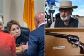 At left, Judge Mary Marlowe Sommer talks with prosecutor Kari Morrissey and defense attorney Jason Bowles in court; at top right, Alec Baldwin seen in character on set of western film "Rust," with cowboy hat on; at bottom right, gun part of manslaughter charge evidence