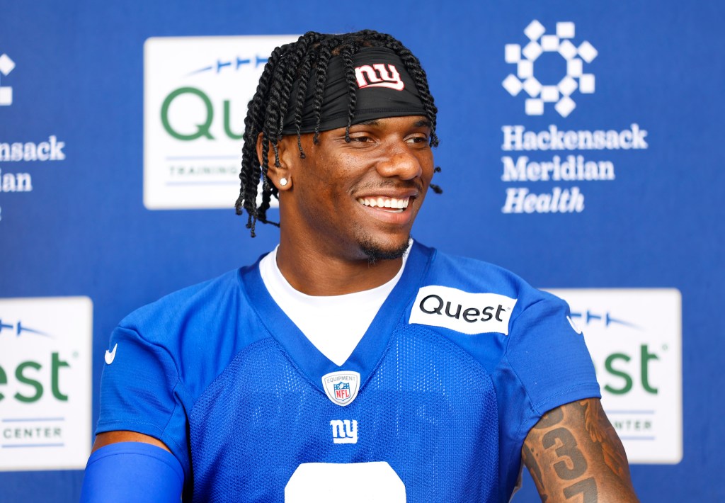 New York Giants wide receiver Malik Nabers (9) answers questions from reporters during minicamp, Tuesday, June 11, 2024 in East Rutherford, N.J. 