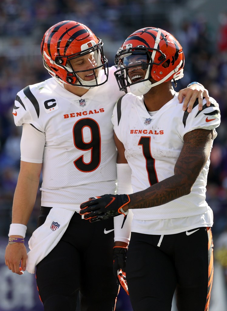 Joe Burrow and Ja'Marr Chase of the Cincinnati Bengals celebrating a touchdown during a game against the Baltimore Ravens at M&T Bank Stadium