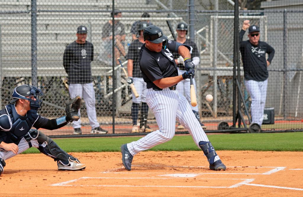 New York Yankees catcher Agustin Ramirez #96 swinging a bat in a simulated game during practice at Steinbrenner Field, Tampa, Florida.