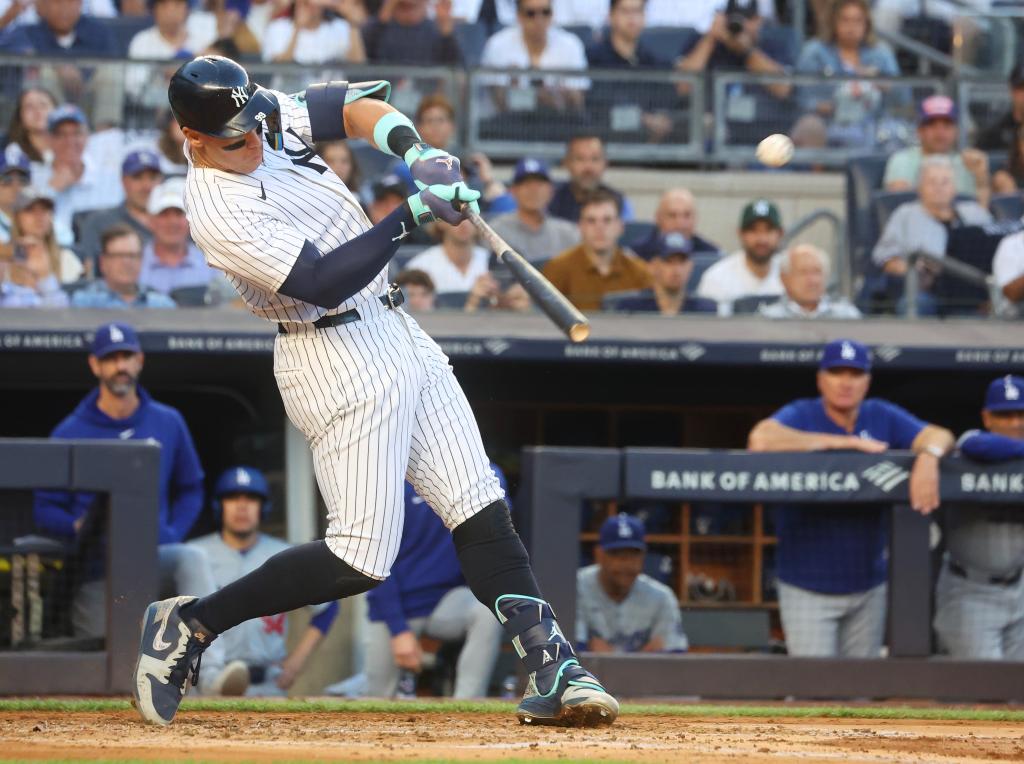 Aaron Judge #99 of the New York Yankees hits an RBI double during the third inning when the New York Yankees played the Los Angeles Dodgers.