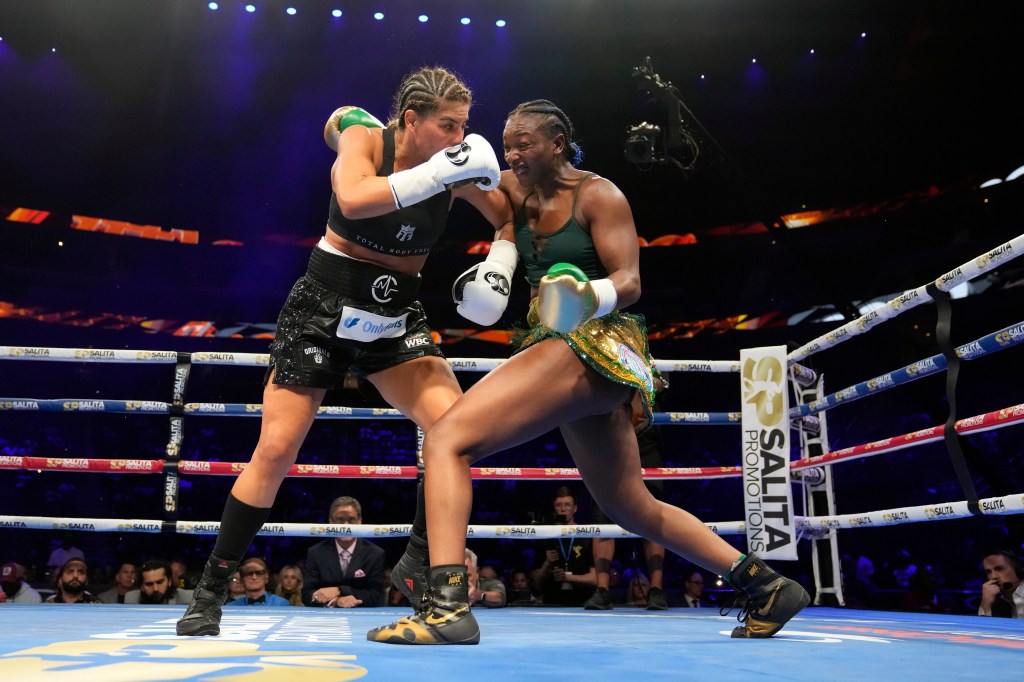 Claressa Shields (R.) punches Maricela Cornejo during her last bout on June 3, 2024.