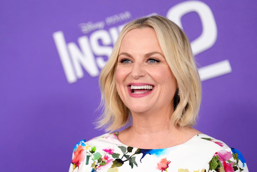 Amy Poehler smiling at the premiere of 'Inside Out 2' at the El Capitan Theatre, Los Angeles, in front of a purple wall