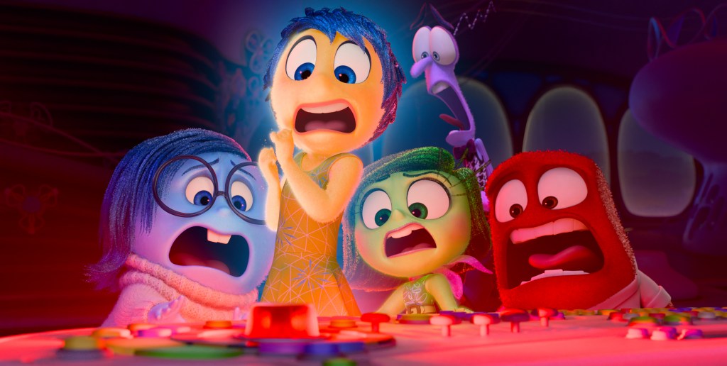 Cartoon characters Sadness, Joy, Disgust, Fear, and Anger from Disney/Pixar's movie Inside Out 2