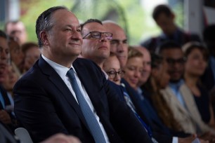 Second gentleman Doug Emhoff, left, is joined by Pennsylvania Gov. Josh Shapiro, second from left, and other dignitaries during a groundbreaking ceremony for the new Tree of Life complex in Pittsburgh, Sunday, June 23, 2024. The new structure is replacing the Tree of Life synagogue where 11 worshipers were murdered in 2018 in the deadliest act of antisemitism in U.S. history. (AP Photo/Rebecca Droke)