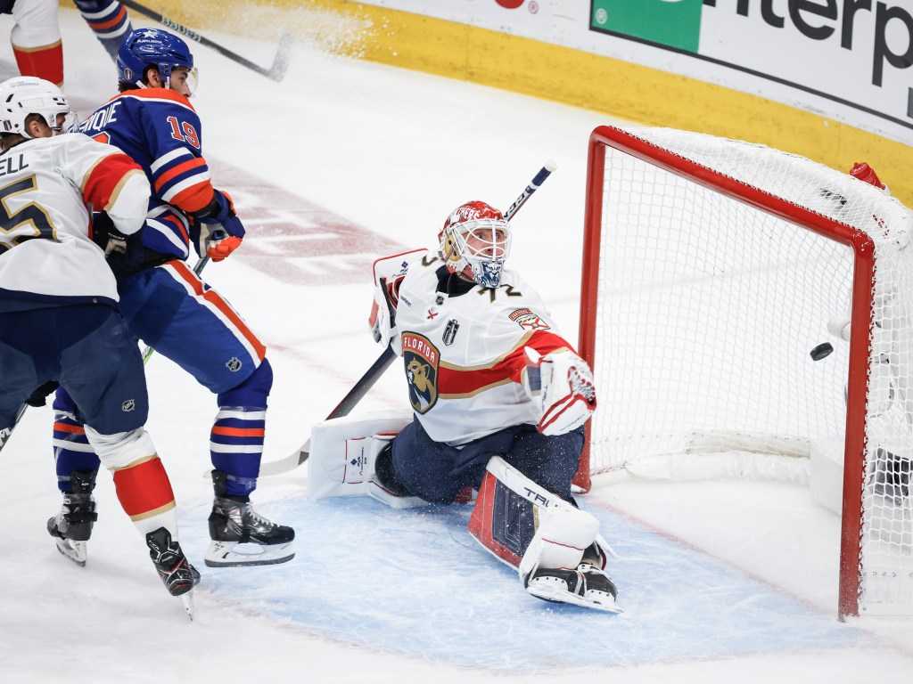 Former Devil Adam Henrique (No. 19) scores a first period goal on Sergei Bobrovsky during the Oilers' Game 4 win.