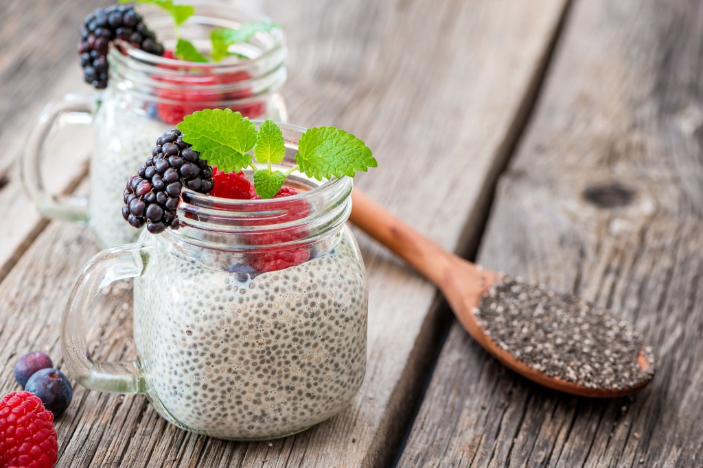 Chia Samen Pudding zubereitet mit Soja Milch (Salvia hispanica)