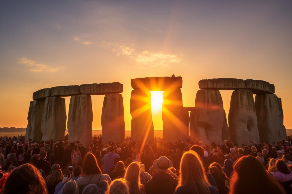 Revelers greet the sunrise on the summer solstice at Stonehenge.