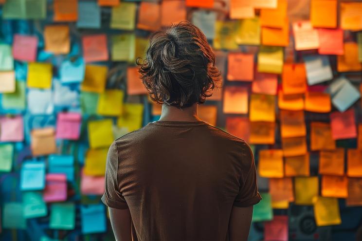 A writer brainstorming ideas with sticky notes on a wall focus on inspiration, planning theme, vibrant, composite, home office backdrop