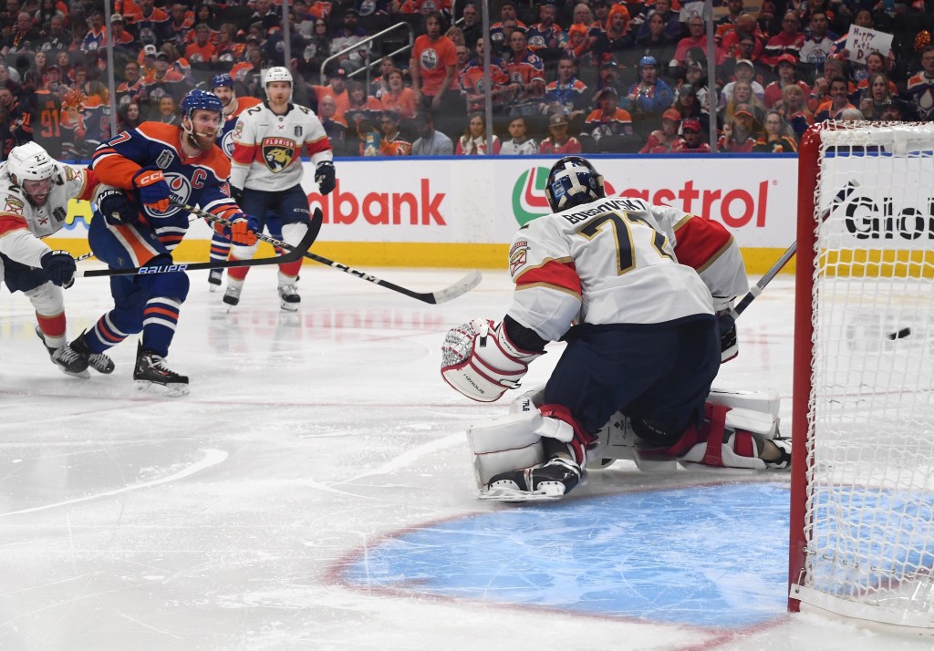 Connor McDavid scores a second period goal on Sergei Bobrovsky during the Oiler's Game 4 blowout win.