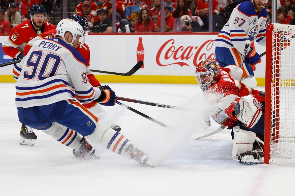 Corey Perry scores the fourth goal on Sergei Bobrovsky during the second period of the Oilers' Game 5 win.
