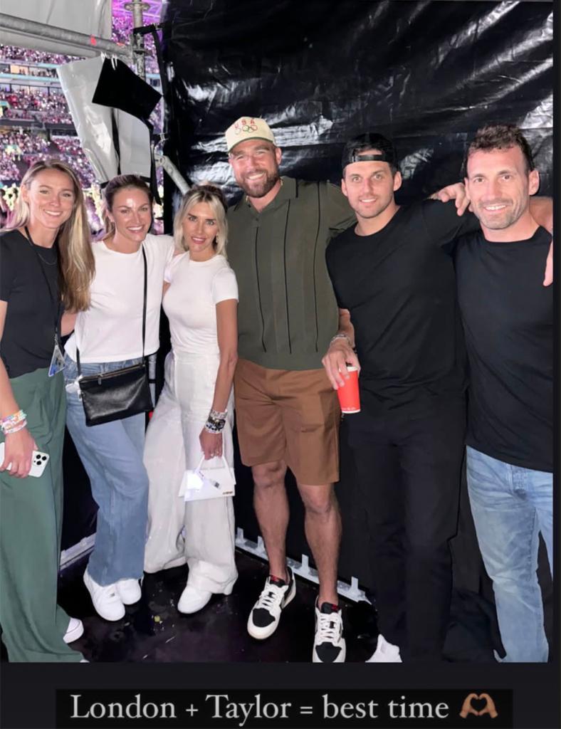 Kylie Kelce, Erin Andrews, Charissa Thompson, Travis Kelce, Steven Cundari and Jarret Stoll at Taylor Swift's "Eras Tour" show at Wembley Stadium in London on June 22, 2024.