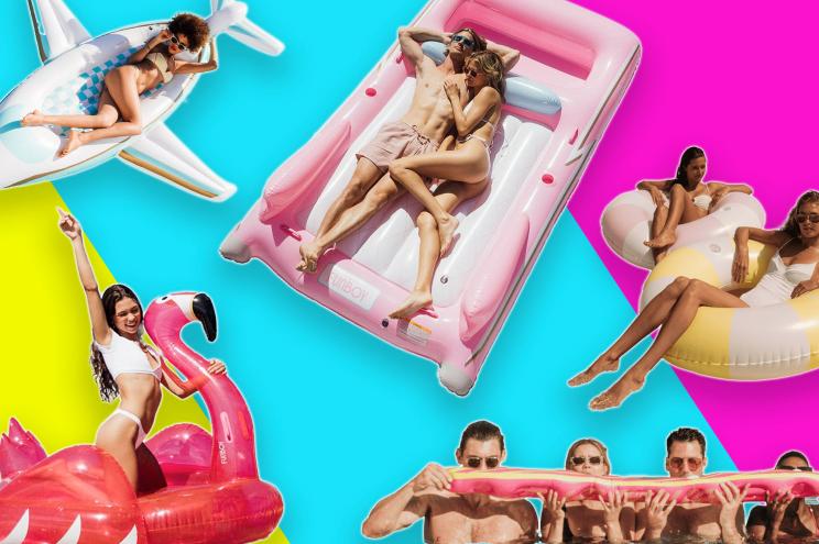 A collage of people in swimsuits on floats