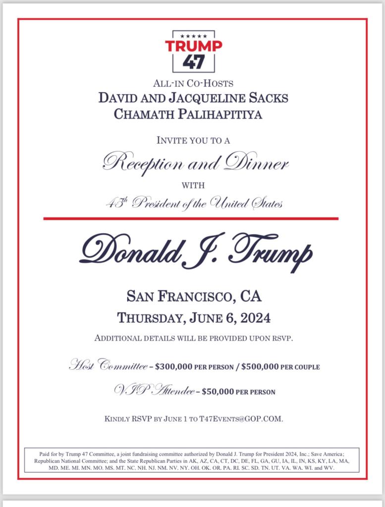 White and blue invitation to a fundraiser co-hosted by tech billionaires David Sacks and Chamath Palihapitiya for Donald Trump