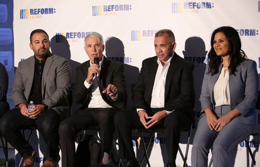 Joseph Iniguez, George Gascon, Richard Ceballos and Rachel Rossi attend Reform L.A. Jails Summit + Day Party: Mental Health Matters on November 09, 2019 in Pasadena, California. 