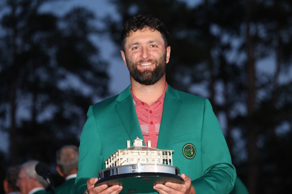Jon Rahm poses with the Masters trophy during the Green Jacket Ceremony after winning the 2023 Masters Tournament in Augusta, Georgia.