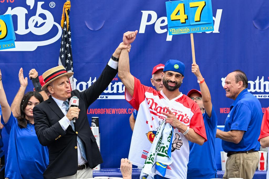 James Webb comes in 3rd place in the 2023 Nathan's Famous Fourth of July International Hot Dog Eating Contest at Coney Island on July 04, 2023
