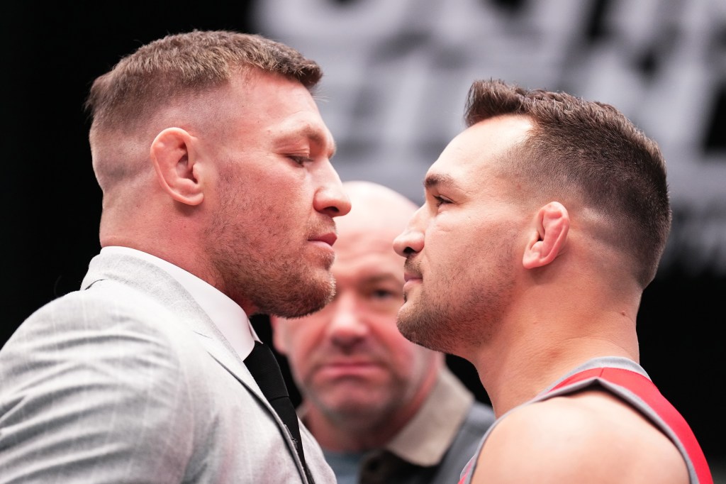 Conor McGregor and Michael Chandler face off during the filming of The Ultimate Fighter at UFC APEX on March 13, 2023 in Las Vegas, Nevada. 