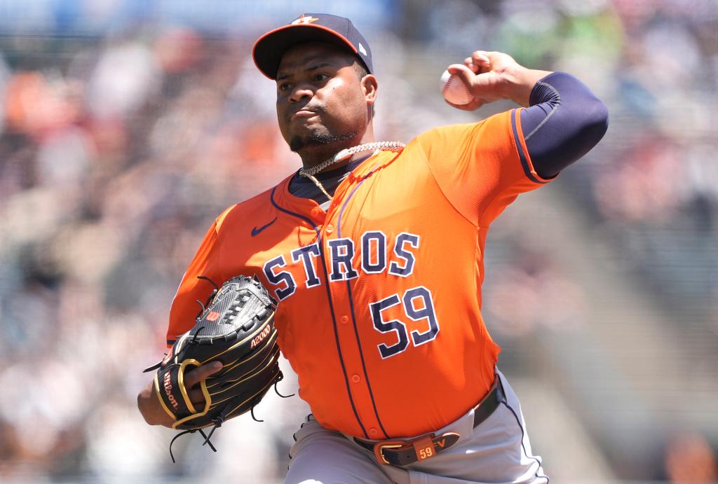 Framber Valdez of the Houston Astros pitches against the San Francisco Giants at Oracle Park on June 12, 2024.