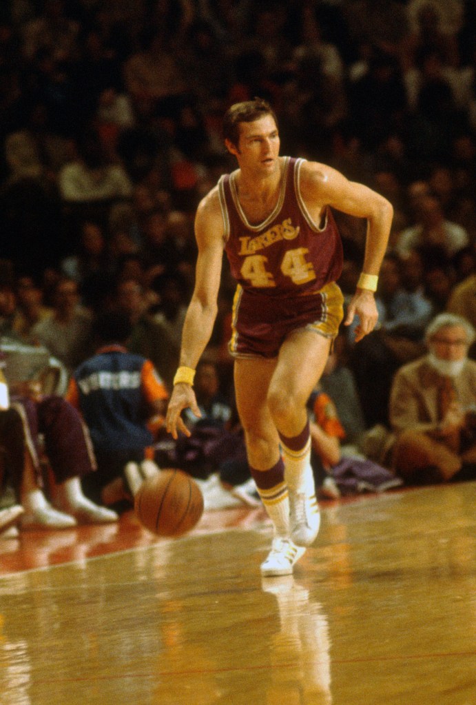 Jerry West #44 of the Los Angeles Lakers dribbling the ball against the Baltimore Bullets during an NBA game, circa 1972