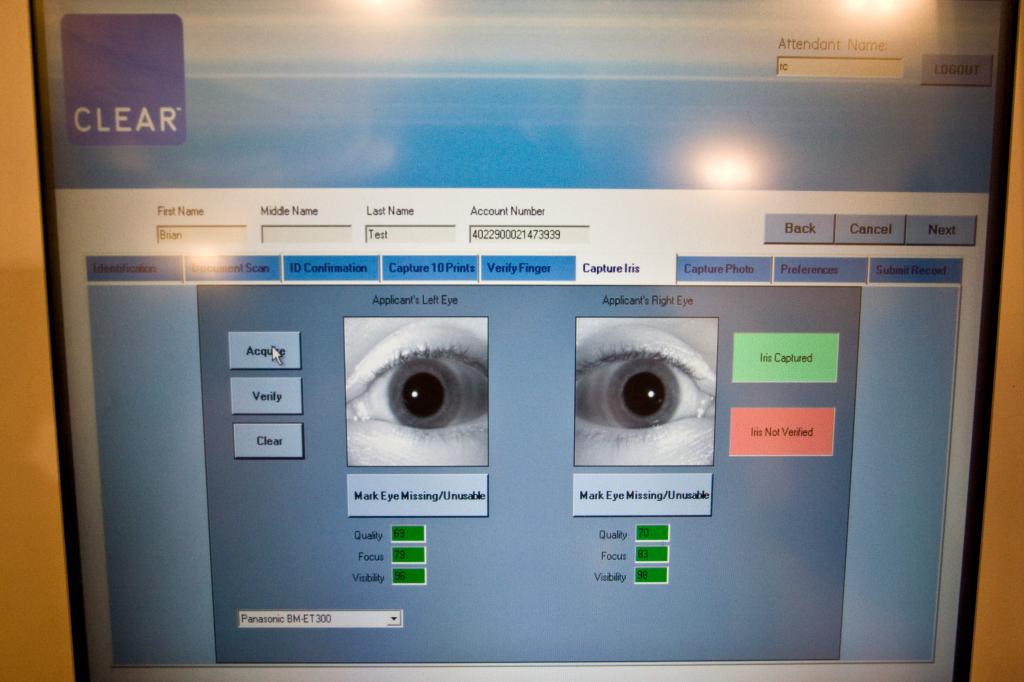 Iris scan displayed on a computer screen at Clear's booth for TSA's Registered Traveler program at Grand Central Station