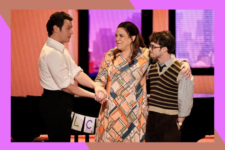 Jonathan Groff (L), Lindsay Mendez and Daniel Radcliffe perform a scene onstage together.