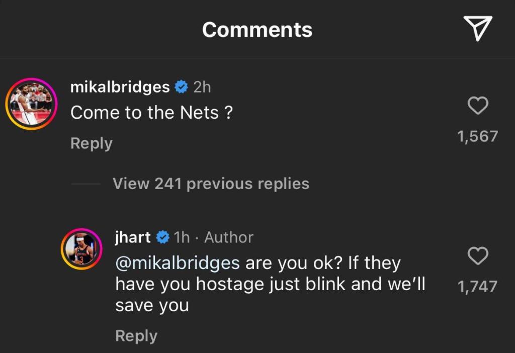 Josh Hart trolled Mikal Bridges on Instagram after the latter asked him to join the Nets. 