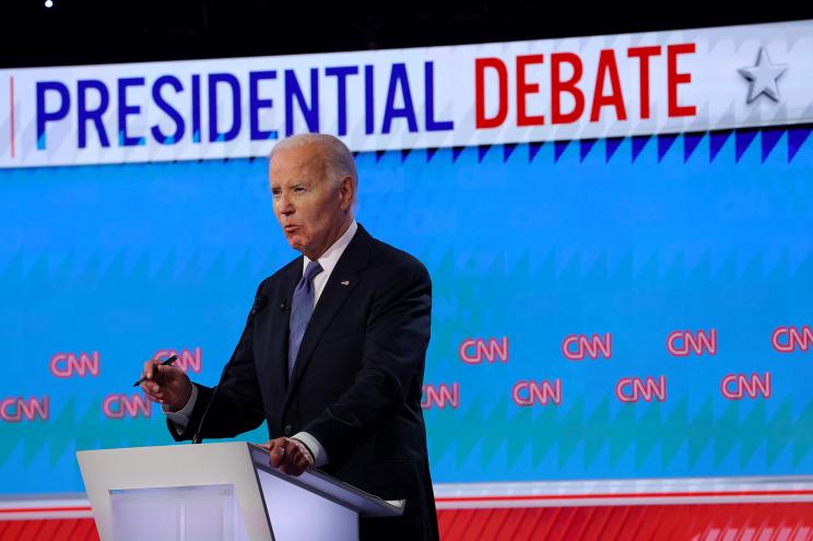 Democrat candidate, President Joe Biden, speaks during a presidential debate with Republican candidate, former U.S. President Donald Trump, in Atlanta, Georgia, U.S., June 27, 2024.