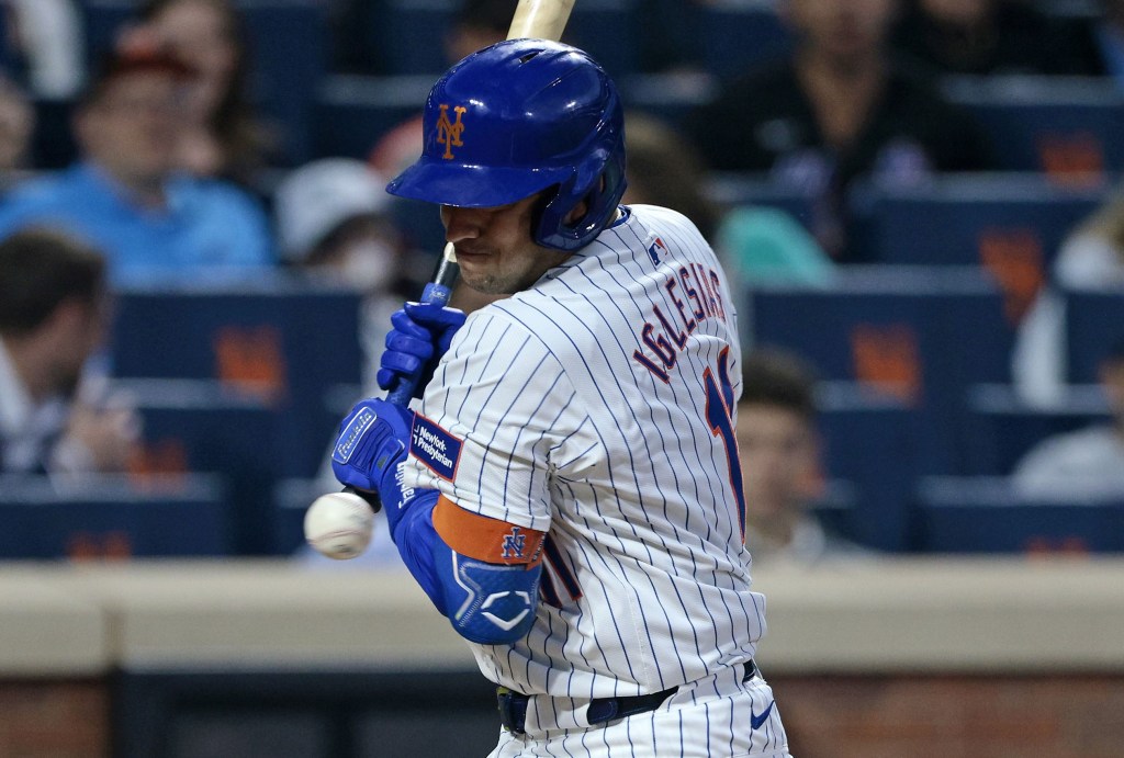 Jose Iglesias gets hit by a pitch in the second inning of the Mets' loss.