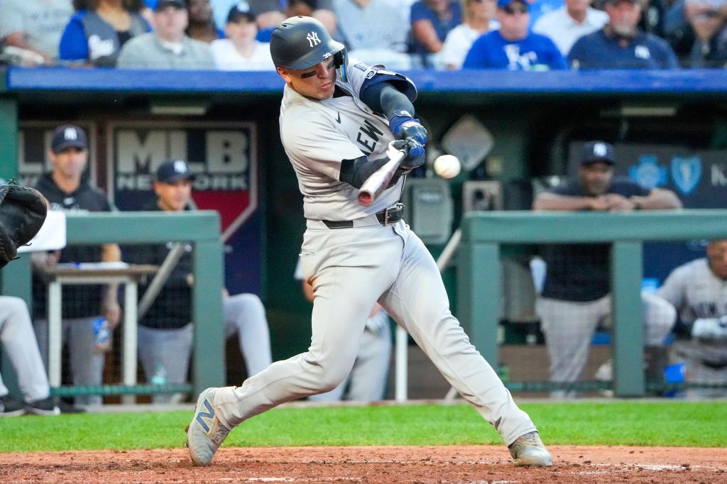 Jose Trevino hits a two-run single off Seth Lugo during the Yankees' win over the Royals on Monday.